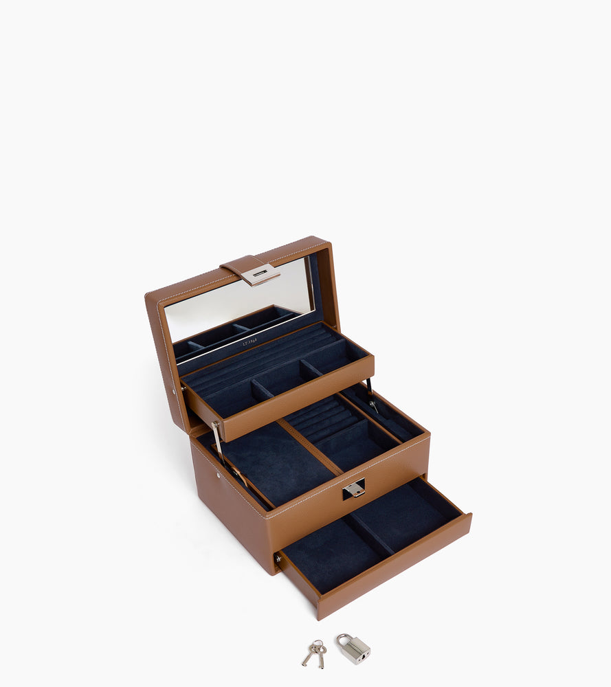 Medium automatic opening jewelry box in leather