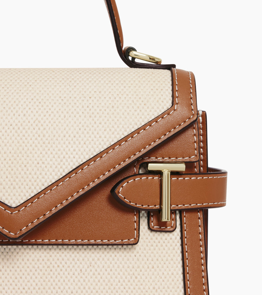 Petit sac à main double rabat Emilie en toile coton et cuir lisse